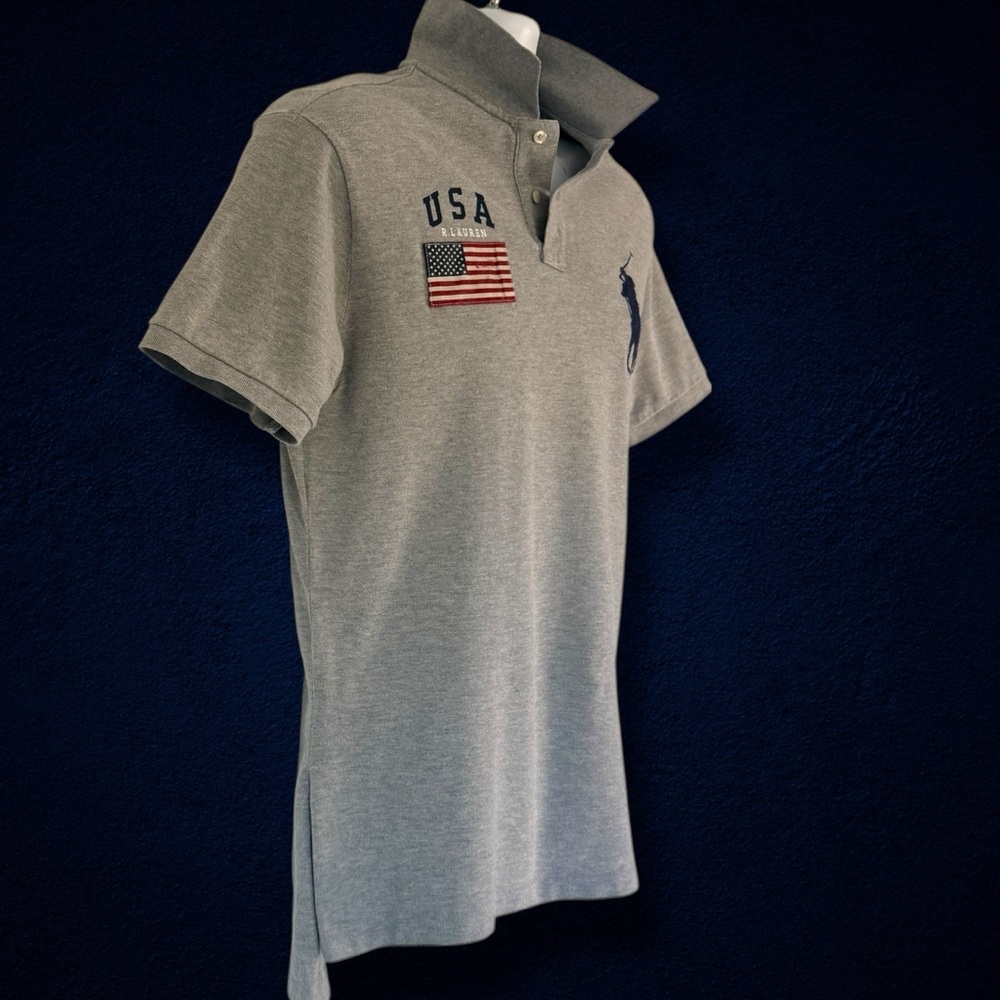 Polo Ralph Lauren USA Flag Polo Shirt XL Custom Fit Athletic V-Fit Gray - Picture 2 of 13